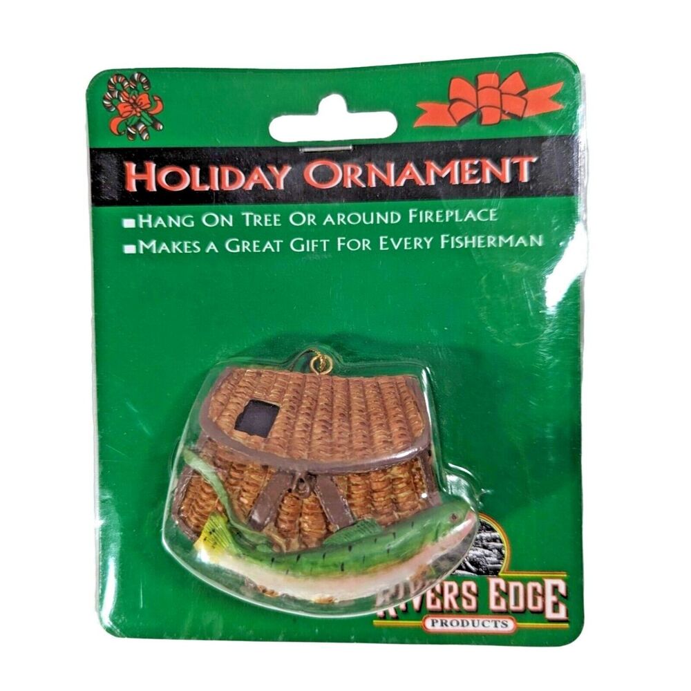 Fishing Creel Trout Ceramic Hanging Ornament Brown Green 2.5" x 3" Gift NEW